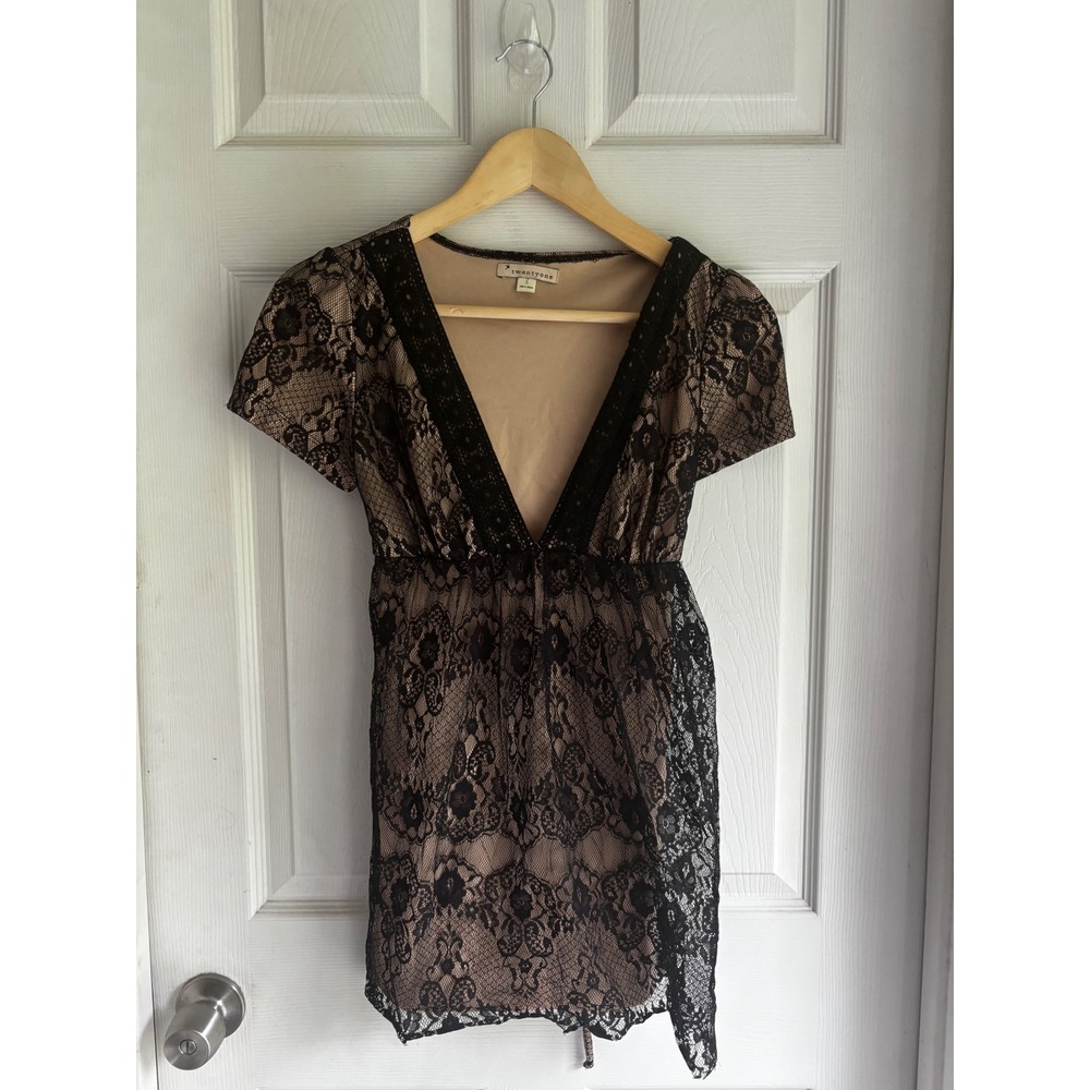 Twentyone Lace Overlay Dress Womens Small Black Nude V-Neck Empire Waist Mini